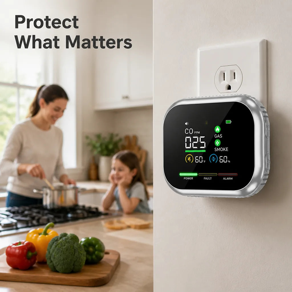 SafeNest™ 6-in-1 Home Air Safety Monitor — CO, Smoke & Gas Alerts