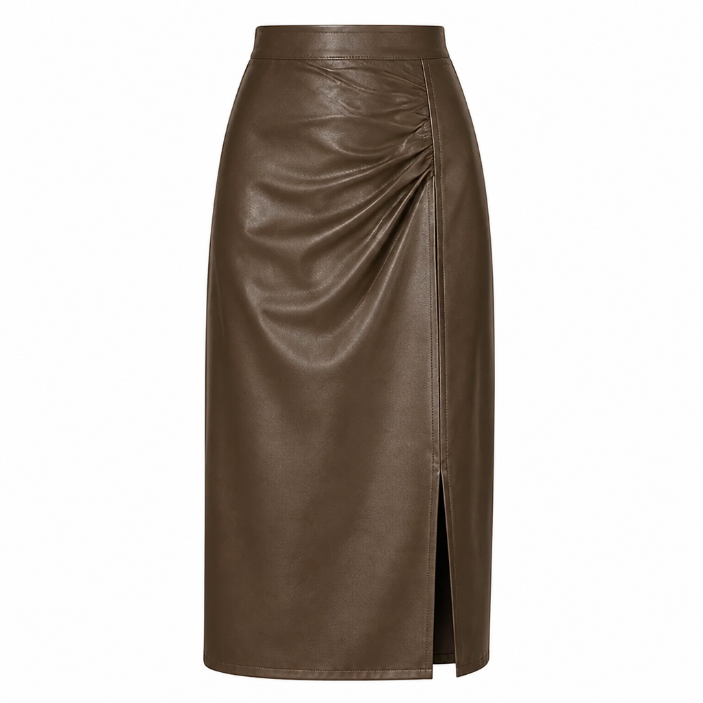 Lucienne™ Leather-Look Side-Slit Midi Skirt — Sleek High-Waist Style