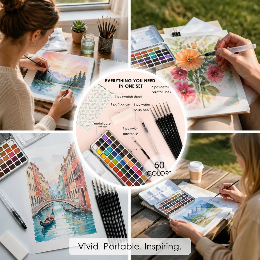 Paletta™ 50-Color Watercolor Set — Portable Paint Kit with Brushes