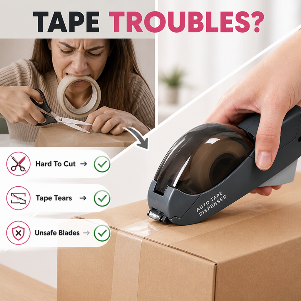 QuickSeal™ One-Hand Tape Dispenser — Safe Hidden-Blade Cutting