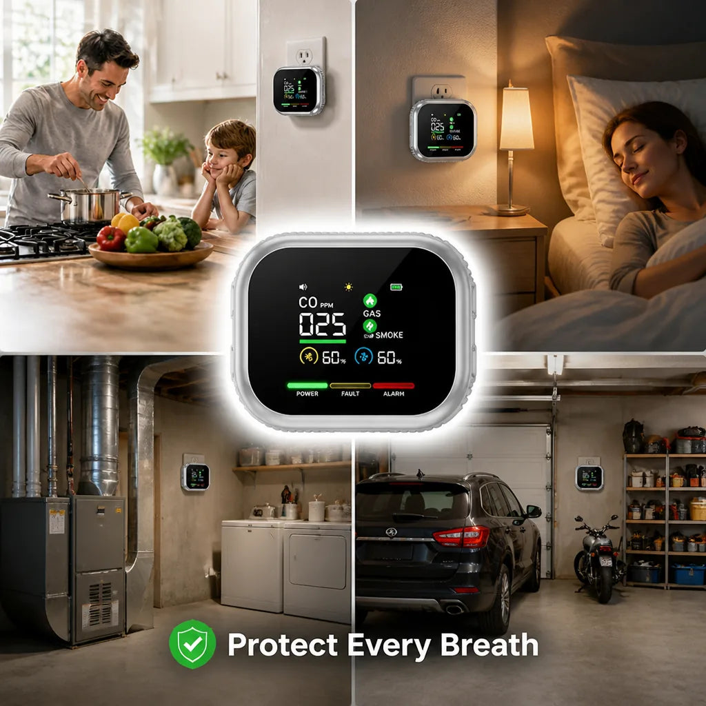 SafeNest™ 6-in-1 Home Air Safety Monitor — CO, Smoke & Gas Alerts