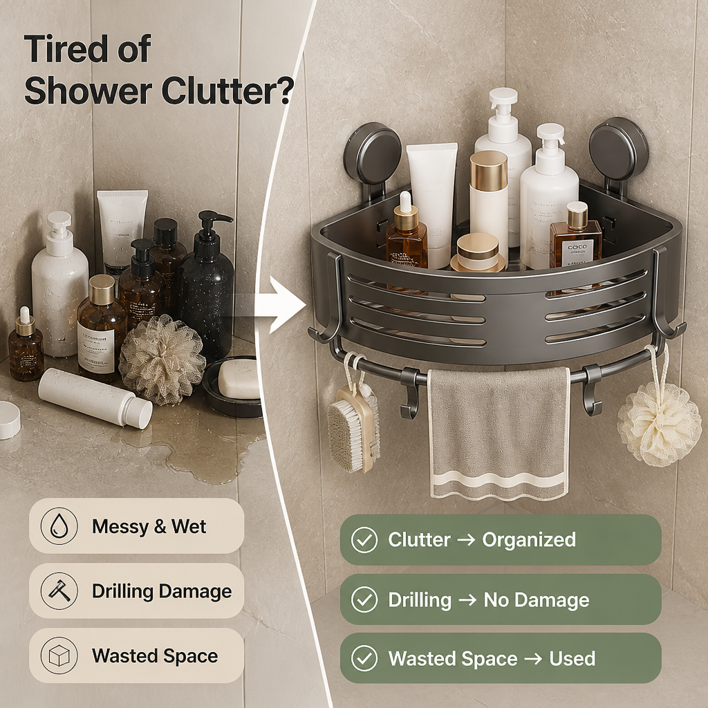 CornerKeep™ Suction Corner Shower Caddy — No-Drill Storage
