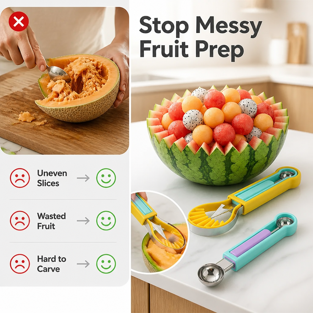 FruitCraft™ — 3-in-1 Fruit Scooping & Slicing Tool