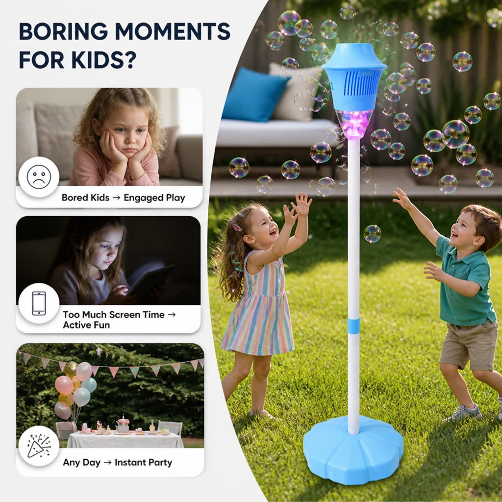 BubbleTower™ Bubble Machine Stand — Lights, Music & Bubbles