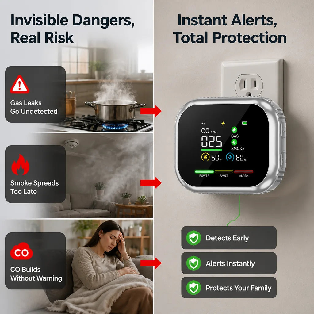 SafeNest™ 6-in-1 Home Air Safety Monitor — CO, Smoke & Gas Alerts