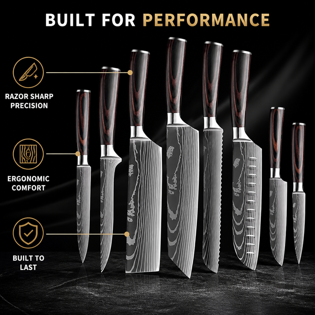 Kaizora™ 9-Piece Damascus-Pattern Knife Set — Sharp, Precise Slicing