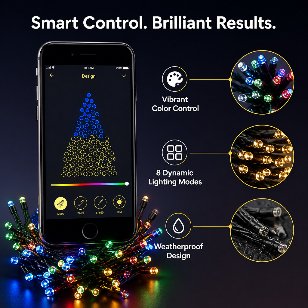 TwinkleSync™ App-Controlled String Lights — Festive Color Glow
