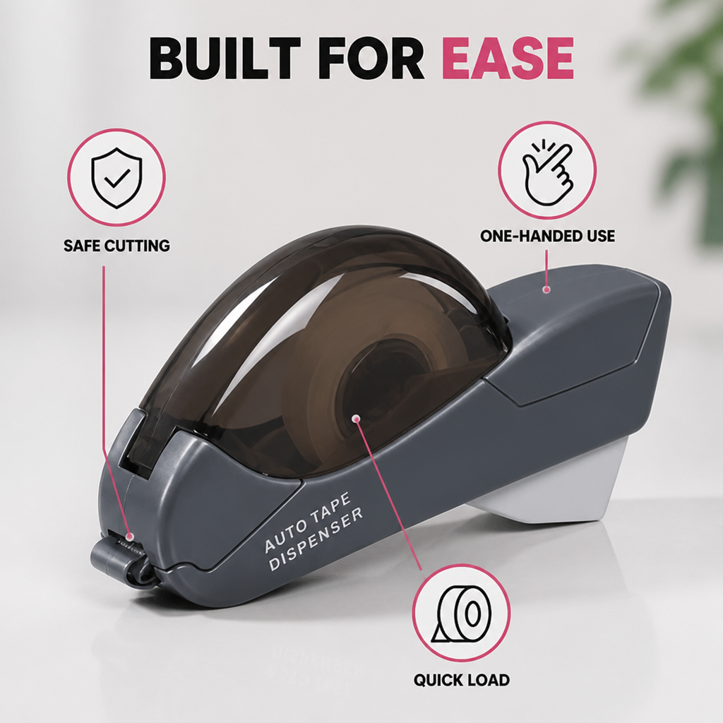 QuickSeal™ One-Hand Tape Dispenser — Safe Hidden-Blade Cutting