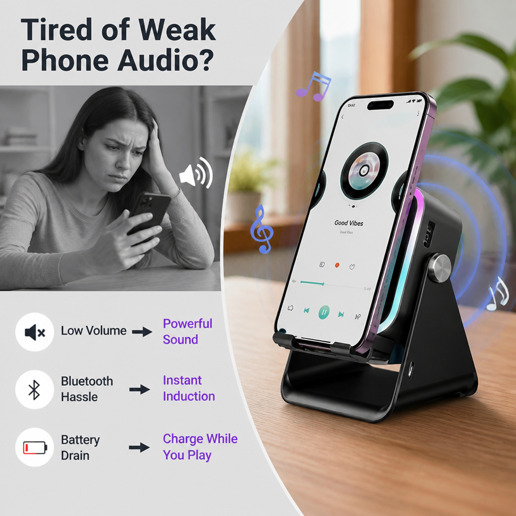 SoundCradle™ 5-in-1 Induction Speaker Phone Stand — Louder Sound, No Pairing