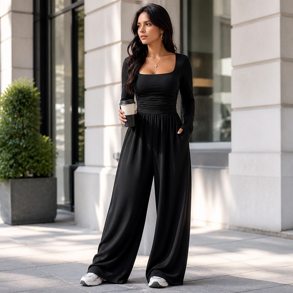 Odessa™ Square-Neck Wide-Leg Jumpsuit — Ruched-Waist Elegance