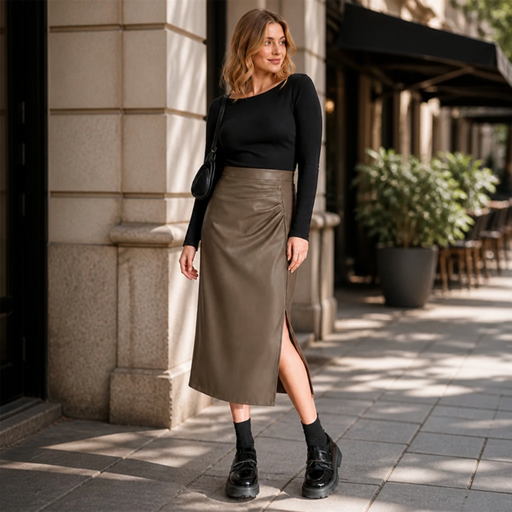 Lucienne™ Leather-Look Side-Slit Midi Skirt — Sleek High-Waist Style