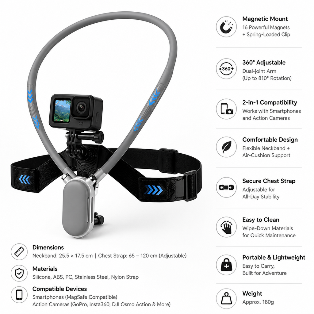ClipView™ 2-in-1 POV Neck Mount — Hands-Free Phone & Action Cam Holder