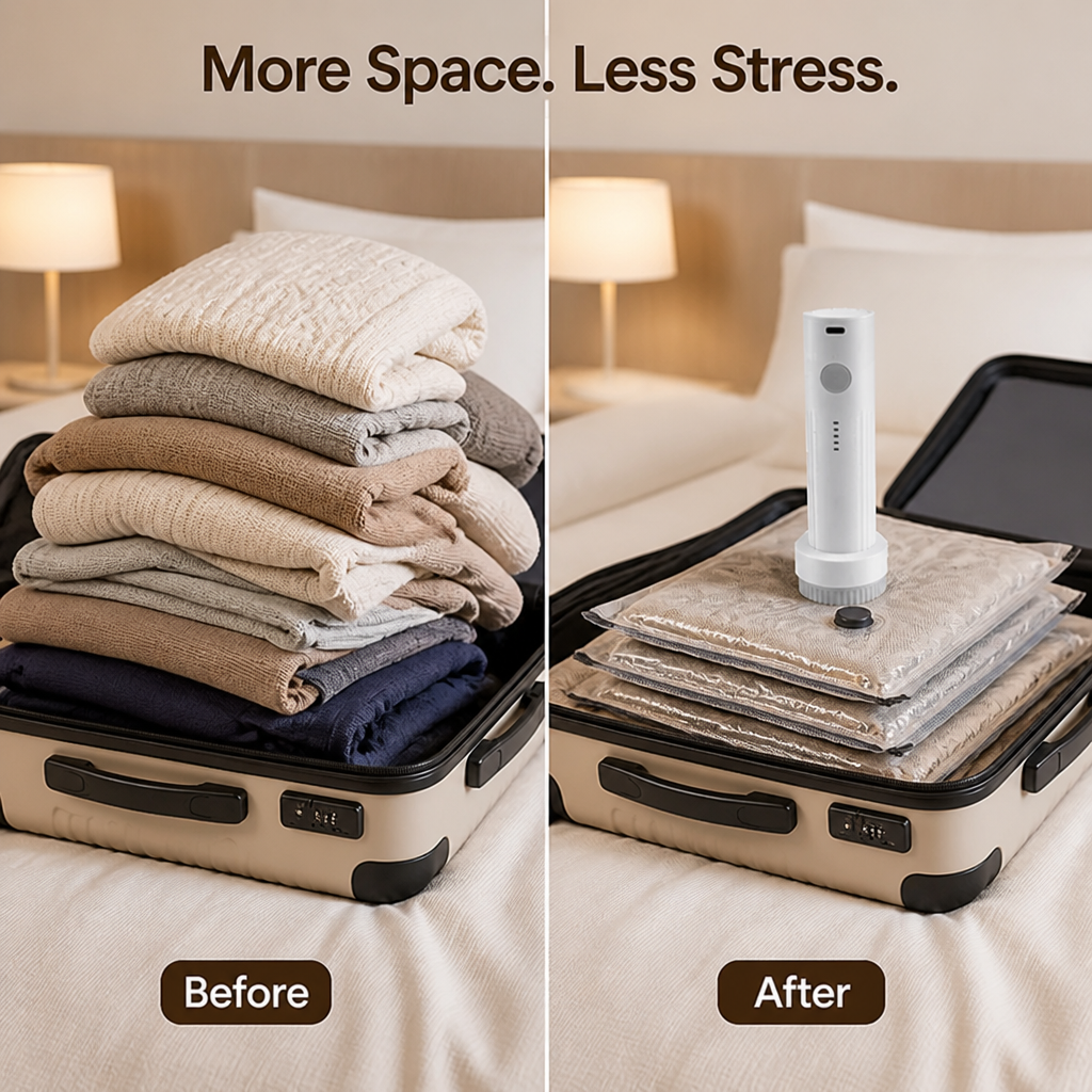 PackPress™ Cordless Vacuum Bag Pump — More Space When Packing