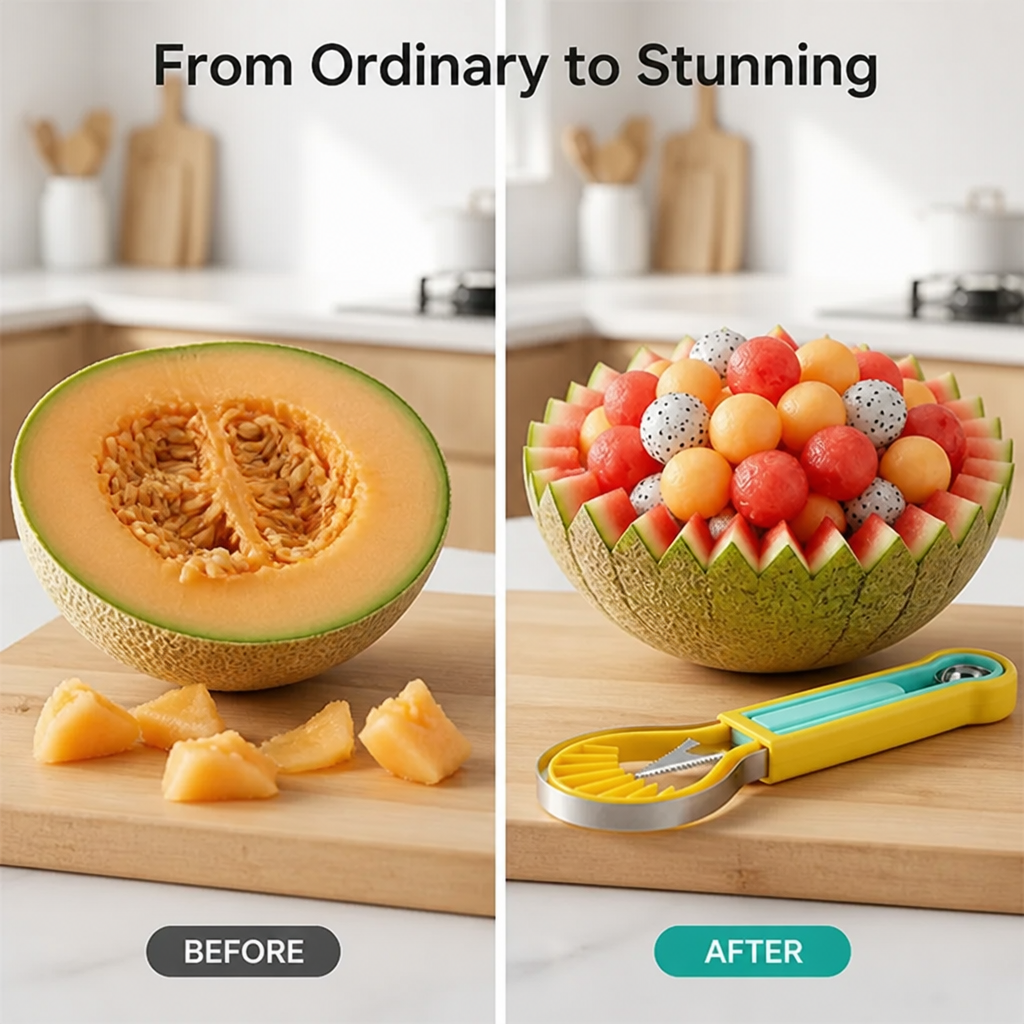 FruitCraft™ — 3-in-1 Fruit Scooping & Slicing Tool