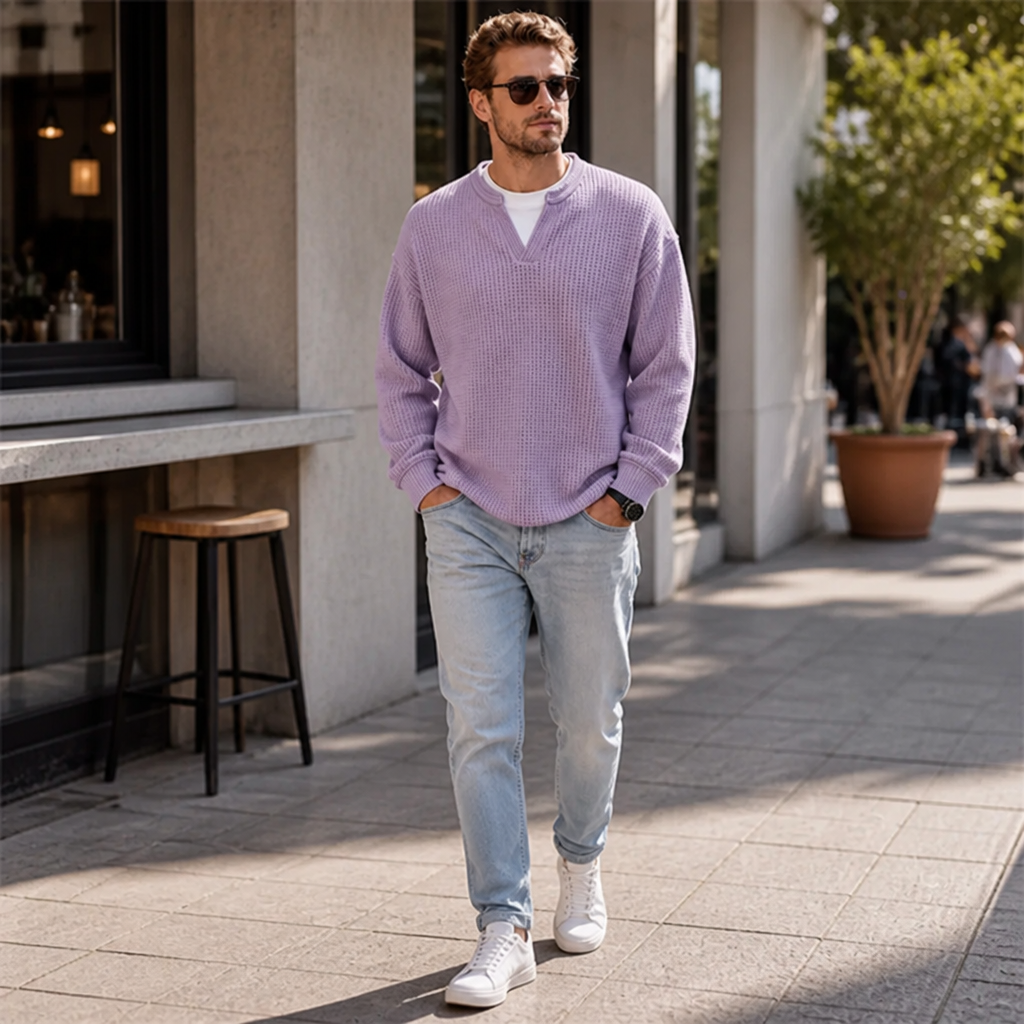 Harlow Ridge™ Men's Waffle-Knit Layered Sweater — Soft Faux-Layer Pullover