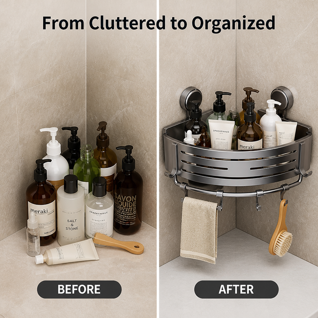 Cornerella™ Suction Corner Shower Caddy — No-Drill Storage