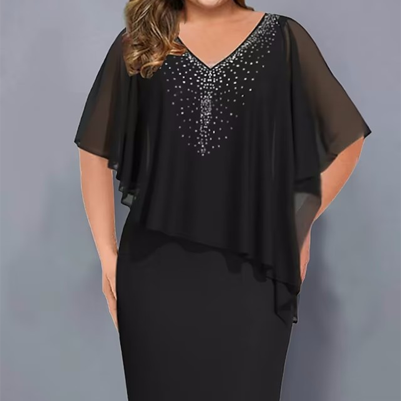Lumevera™ Rhinestone V-Neck Cape Dress — Own the Spotlight with Effortless Glamour and Confidence