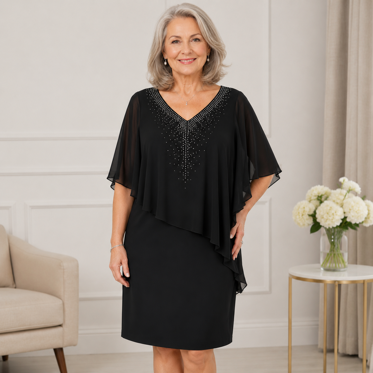Lumevera™ Rhinestone V-Neck Cape Dress — Own the Spotlight with Effortless Glamour and Confidence