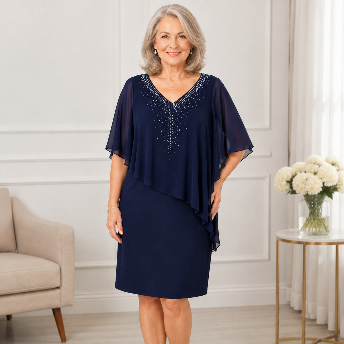 Lumevera™ Rhinestone V-Neck Cape Dress — Own the Spotlight with Effortless Glamour and Confidence