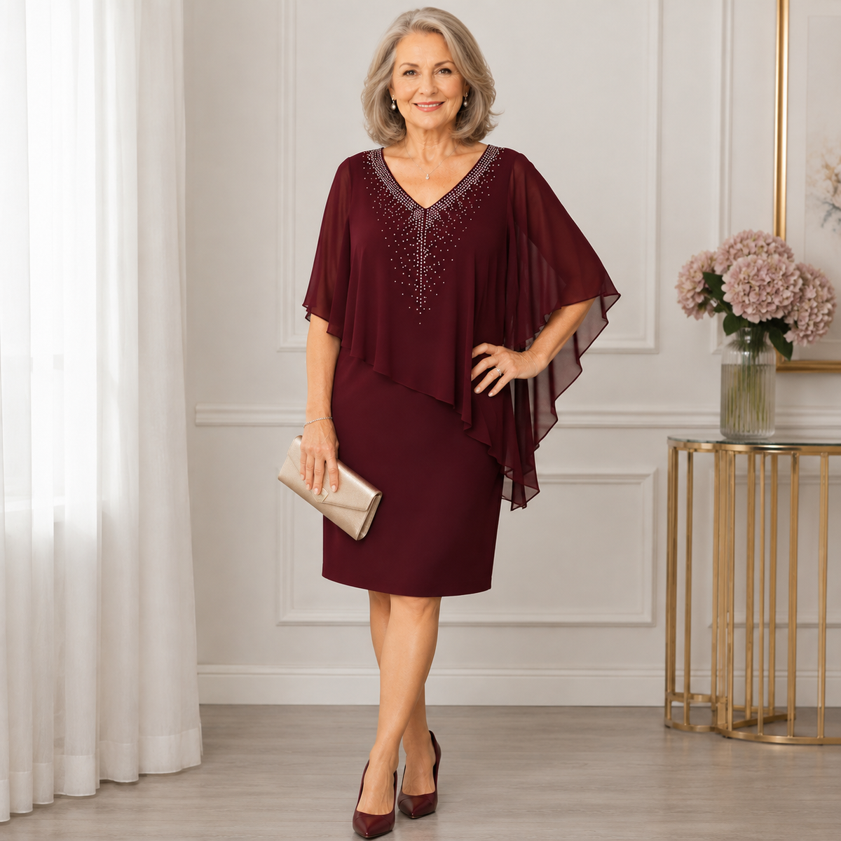 Lumevera™ Rhinestone V-Neck Cape Dress — Own the Spotlight with Effortless Glamour and Confidence
