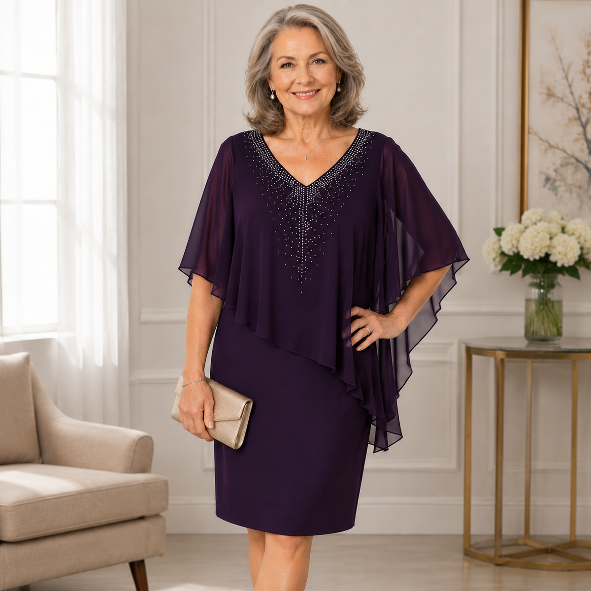 Lumevera™ Rhinestone V-Neck Cape Dress — Own the Spotlight with Effortless Glamour and Confidence