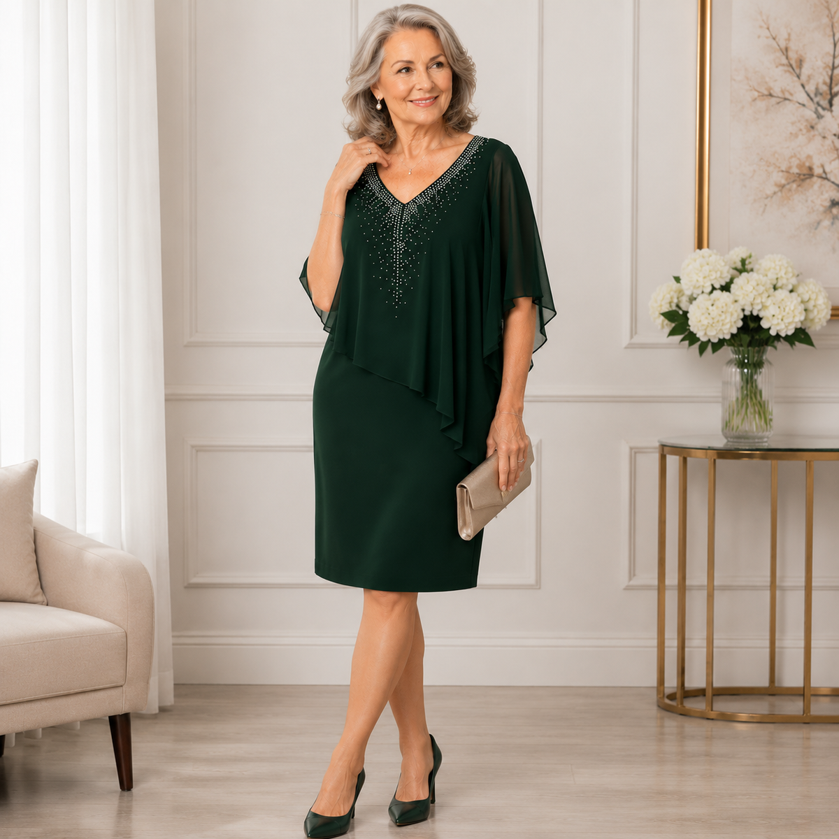 Lumevera™ Rhinestone V-Neck Cape Dress — Own the Spotlight with Effortless Glamour and Confidence