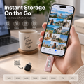 A hand holds a smartphone showing a photo gallery app while a pink and silver USB-C instant storage adapter is plugged into the phone. A small black USB-C adapter lies on a wooden desk beside a white mug, with promotional text reading 'Instant Storage On the Go' and storage capacity options along the bottom.