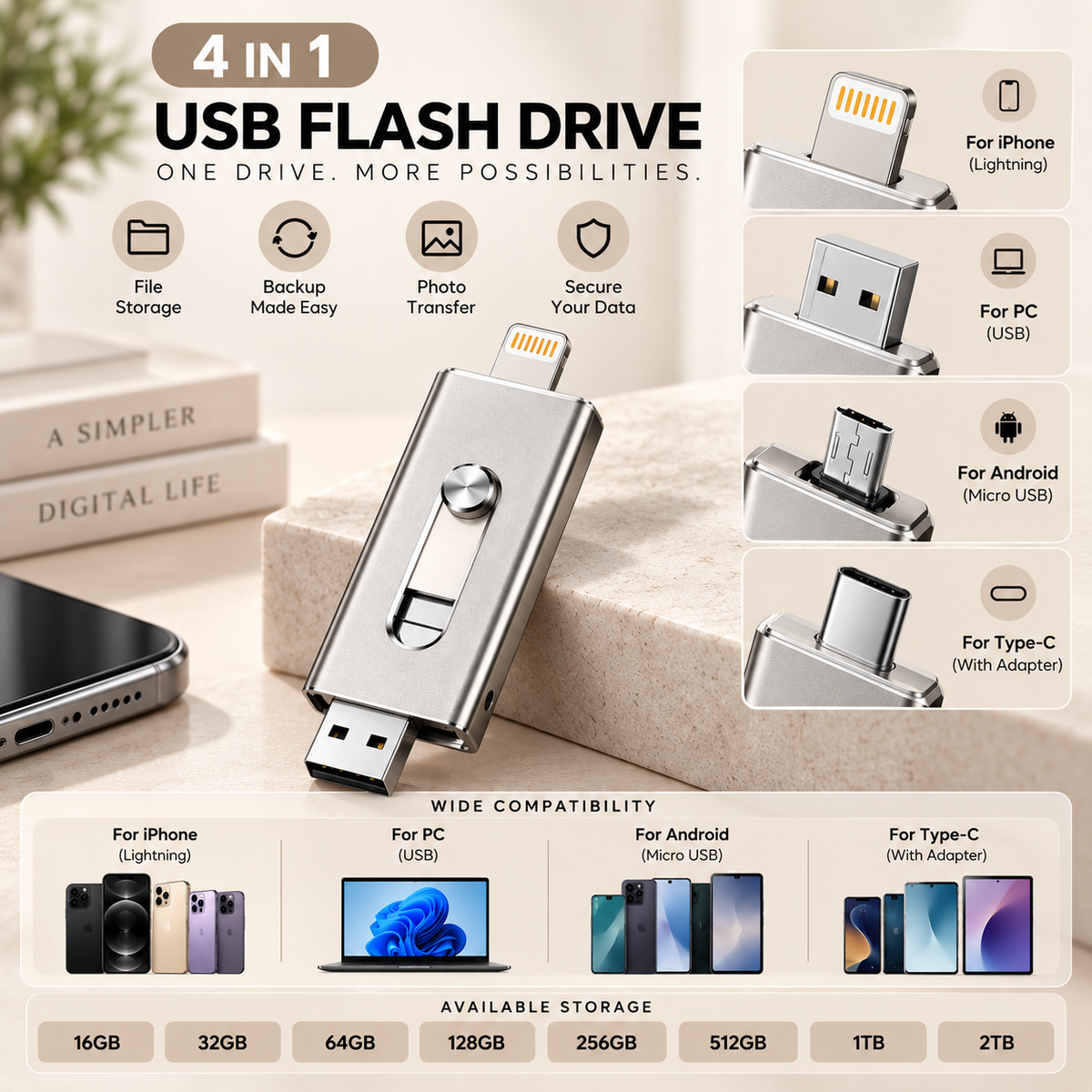 Voltiva™ 4-in-1 USB Drive — Instantly Free Up Space | 16GB–2TB (For iOs & Android)