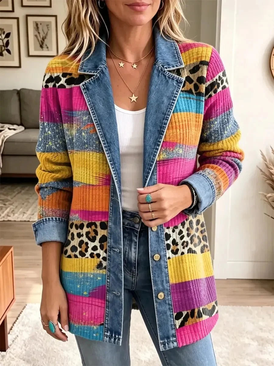 Victoria | Retro Leopard Color Pattern Denim Jacket
