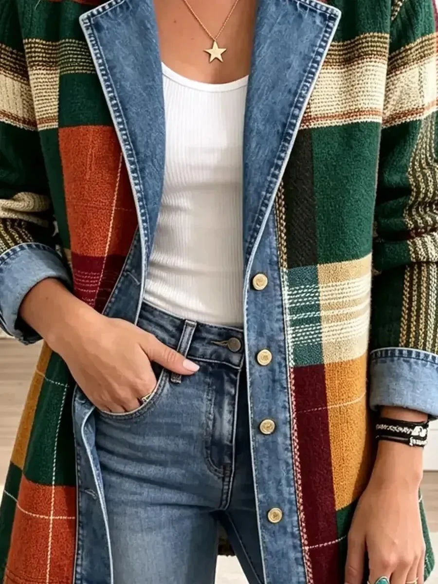 Ella | Retro Plaid Pattern Art Casual Denim Jacket