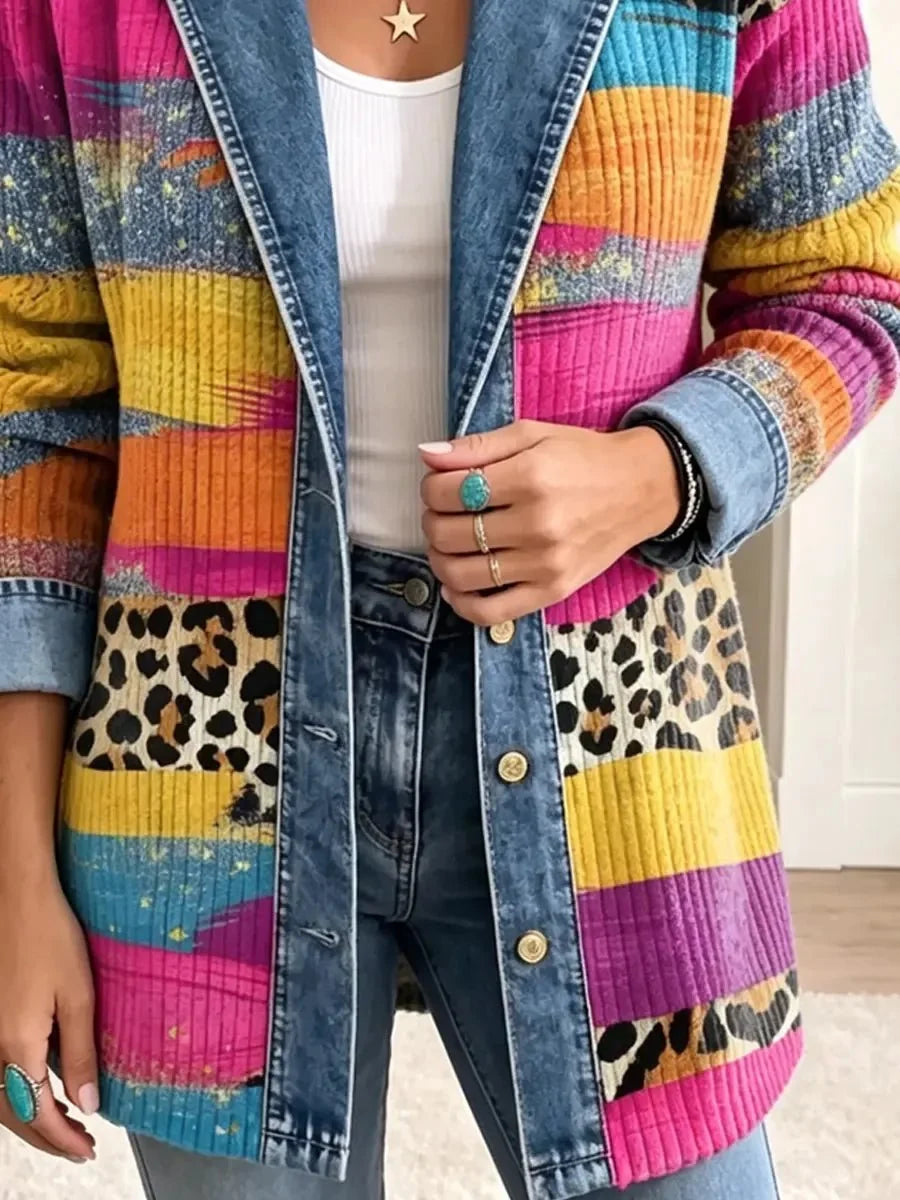 Victoria | Retro Leopard Color Pattern Denim Jacket