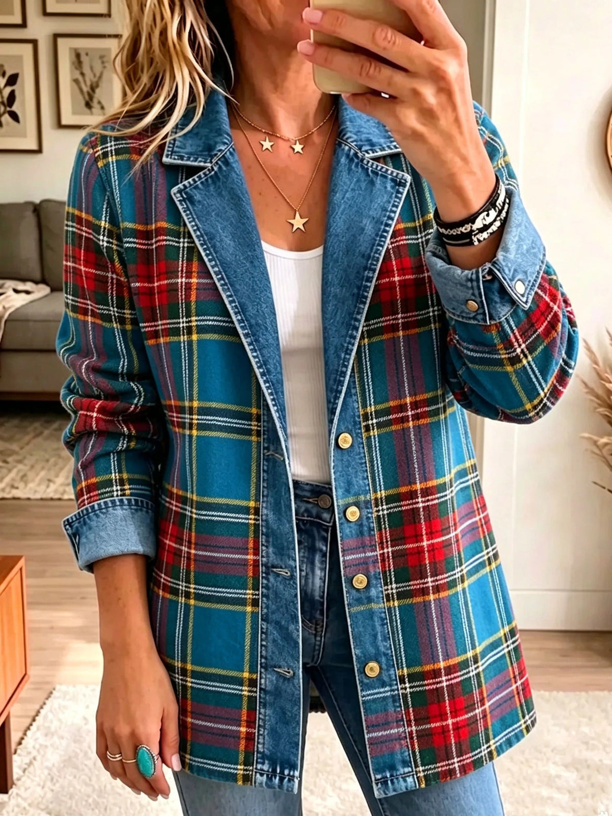 Grace | Women Tartan Plaid Denim Spliced Blazer