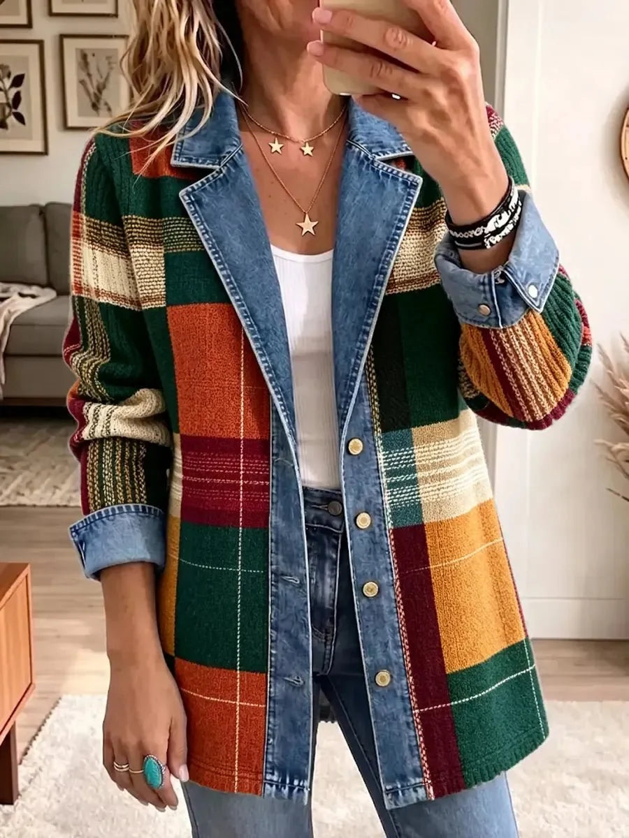 Ella | Retro Plaid Pattern Art Casual Denim Jacket