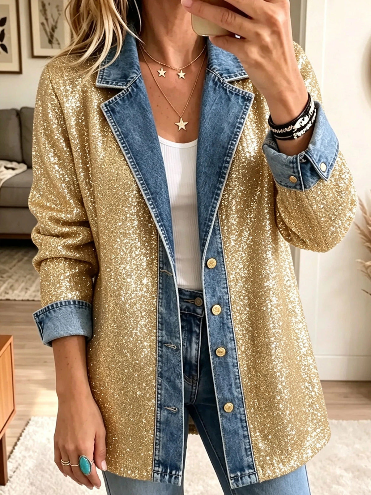 Sophia | Gold Glitter Denim Spliced Jacket