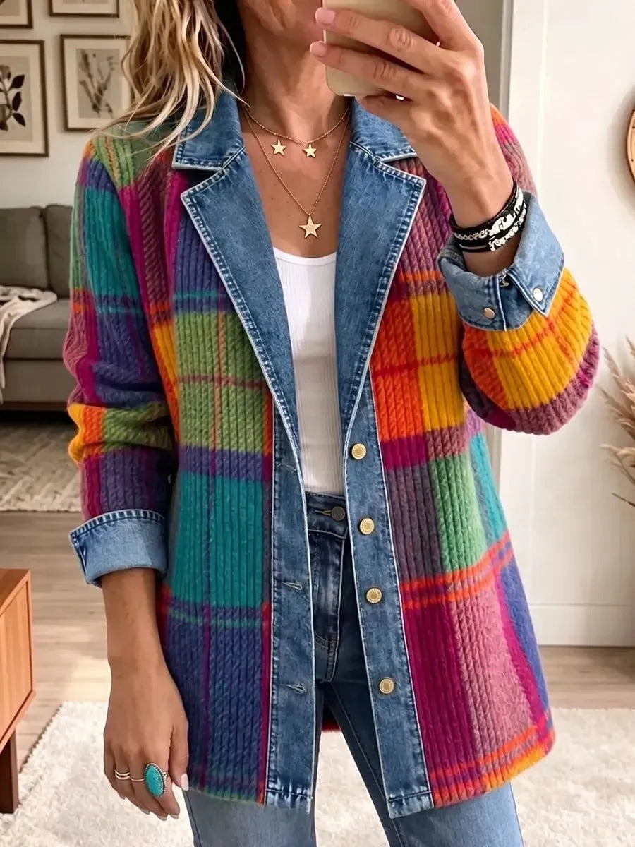 Emma | Vintage Elegant Denim Patchwork Plaid Jacket